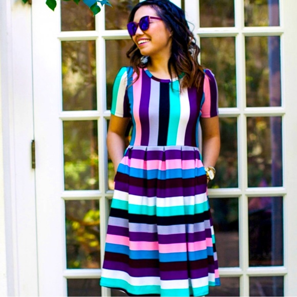 LulaRoe Amelia RARE Spring Striped Fit and Flare Dress XS - Picture 1 of 7